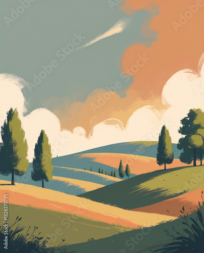 Flat illustration of a peaceful hill landscape at twilight featuring lush grass bushes and trees classic and vintage illustration wallpaper photo