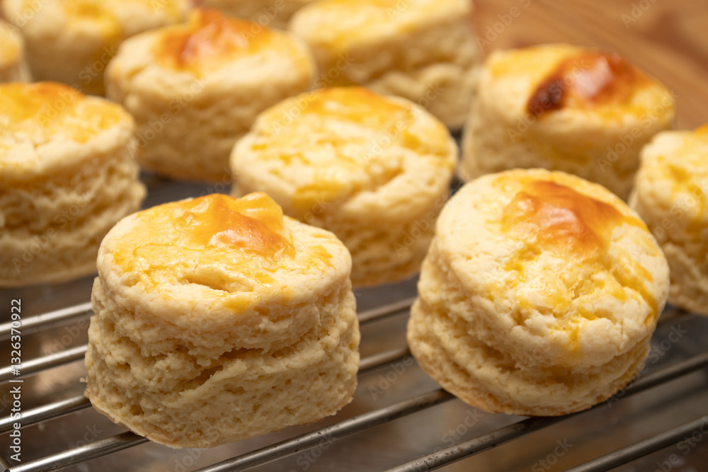 Homemade Cheese Scone freshly baked on a stack Homemade Cheese Scone freshly baked on a stack