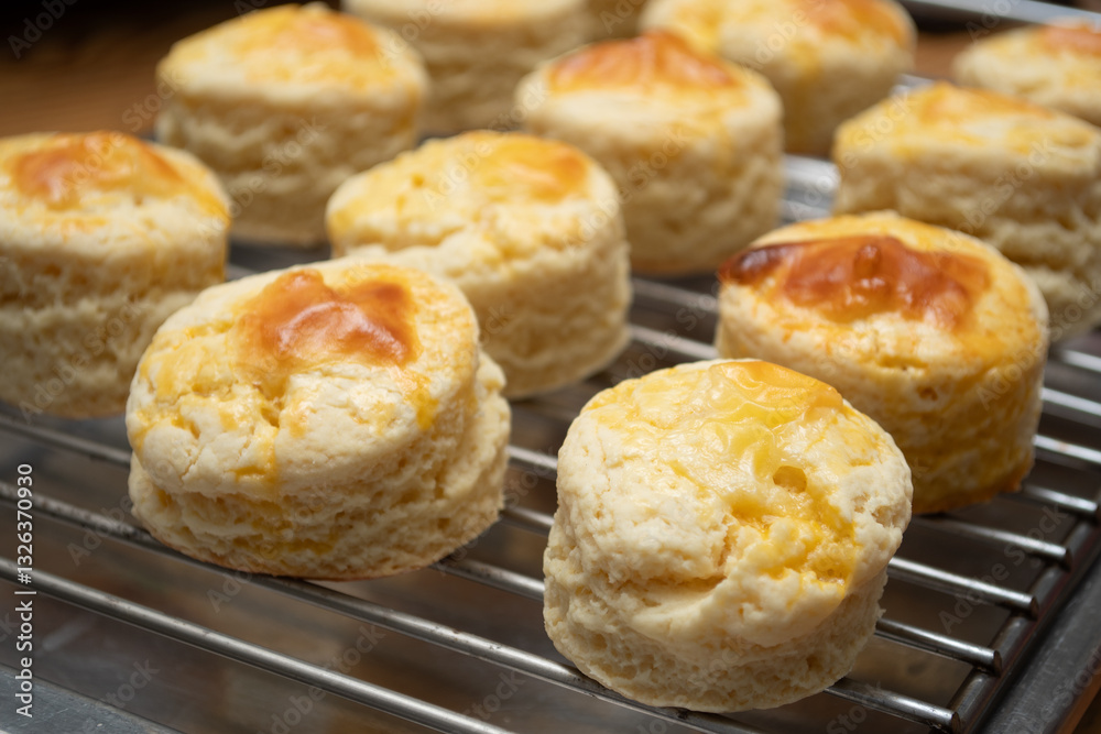 Homemade Cheese Scone freshly baked on a stack Homemade Cheese Scone freshly baked on a stack