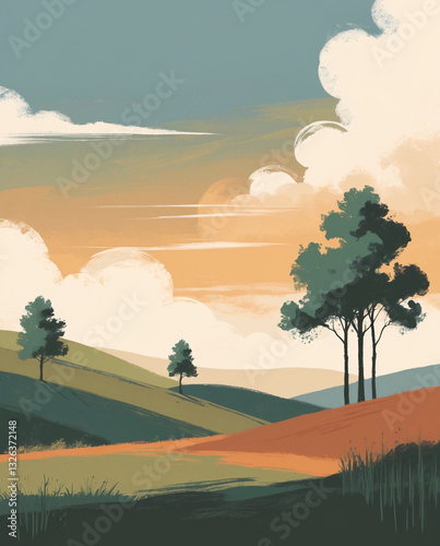 Peaceful hill landscape with grass bushes and trees at twilight captured in a flat illustration style classic and vintage illustration wallpaper photo