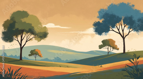 Peaceful twilight hill with vibrant green grass bushes and trees in a flat calming illustration style classic and vintage illustration wallpaper photo