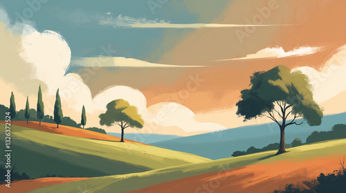 Peaceful twilight hilltop scene with lush green grass bushes and trees in a flat artistic design classic and vintage illustration wallpaper photo