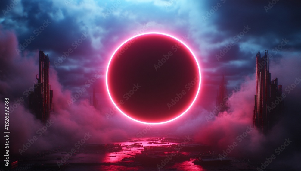 Red neon ring portal in dark fantasy world, apocalyptic background, ideal for sci-fi projects Red neon ring portal in dark fantasy world, apocalyptic background, ideal for sci-fi projects