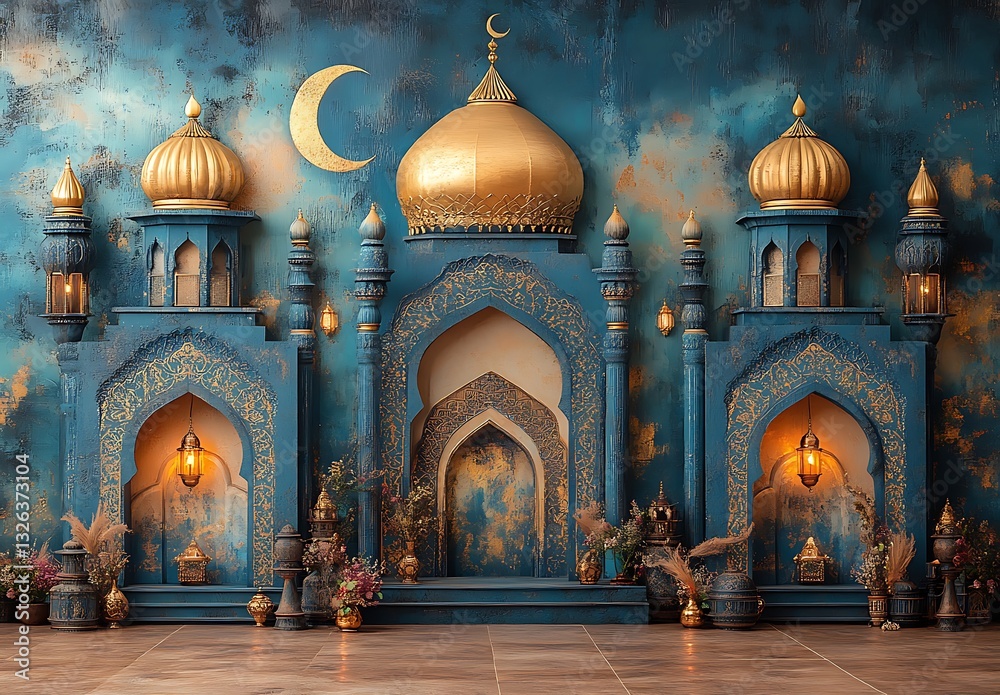 Obraz premium Vibrant Blue Wall with Golden Domes and Crescent Moon