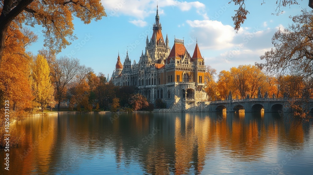 Majestic autumn view of historic castle by tranquil lake with reflections and vibrant foliage
