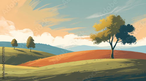 Tranquil hill landscape at twilight featuring trees bushes and grass in a vivid flat illustration style classic and vintage illustration wallpaper photo