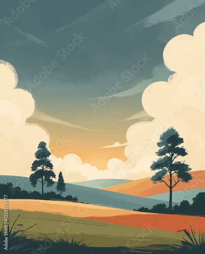 Tranquil hilltop scene at twilight with green grass bushes and trees in flat illustration landscape style classic and vintage illustration wallpaper photo