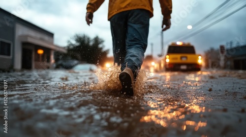 A lone figure walks through flooded city streets, splashing water as cars struggle by in the background, illustrating the impact of heavy rainfall and urban challenges faced by communities.