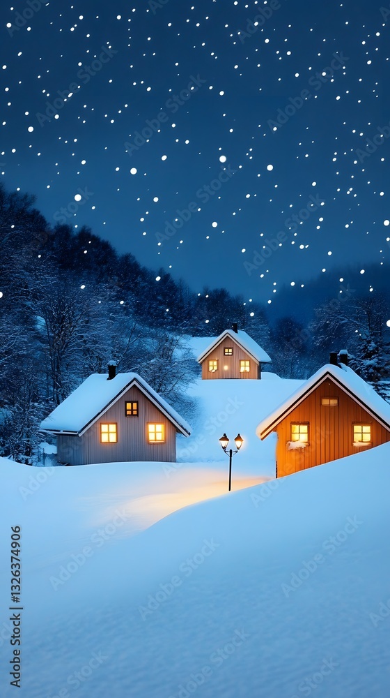 A mesmerizing view of a snowy village illuminated by warm lights during a winter night A mesmerizing view of a snowy village illuminated by warm lights during a winter night