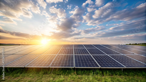Solar panels field with bright sunlight, renewable energy, clean technology, sustainability, eco-friendly power, photovoltaic system, future.