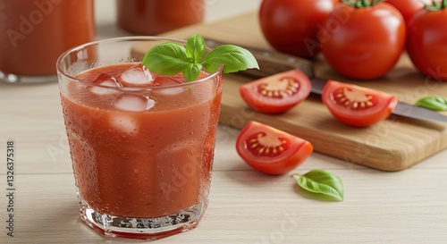 A glass of freshly squeezed tomato juice with ice cubes and a sprig of basil on a light-colored wooden table. Ripe red tomatoes, a knife and a cutting board.