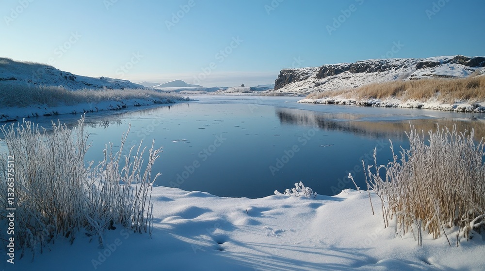 Fototapeta premium Serene winter landscape with snowy river and clear blue sky