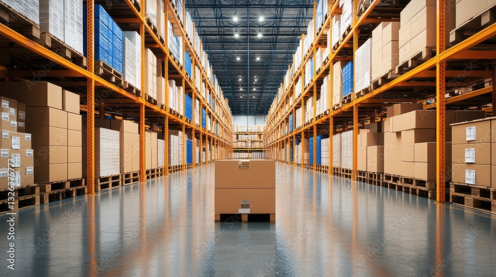 Obraz premium High-tech inventory management system inside a large distribution warehouse.