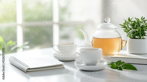 Wallpaper Mural Cozy morning scene with a teapot, cups, notebook, and plant on a sunlit table. Perfect for relaxation. Torontodigital.ca