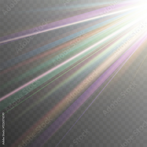 Rainbow prism light scatters vividly, creating dazzling spectral reflections. Holographic crystal glare shimmers subtly, producing soft ethereal radiance. Transparent lens flare refracts dynamically