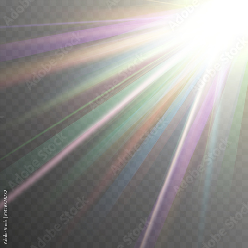 Rainbow prism light scatters vividly, creating dazzling spectral reflections. Holographic crystal glare shimmers subtly, producing soft ethereal radiance. Transparent lens flare refracts dynamically