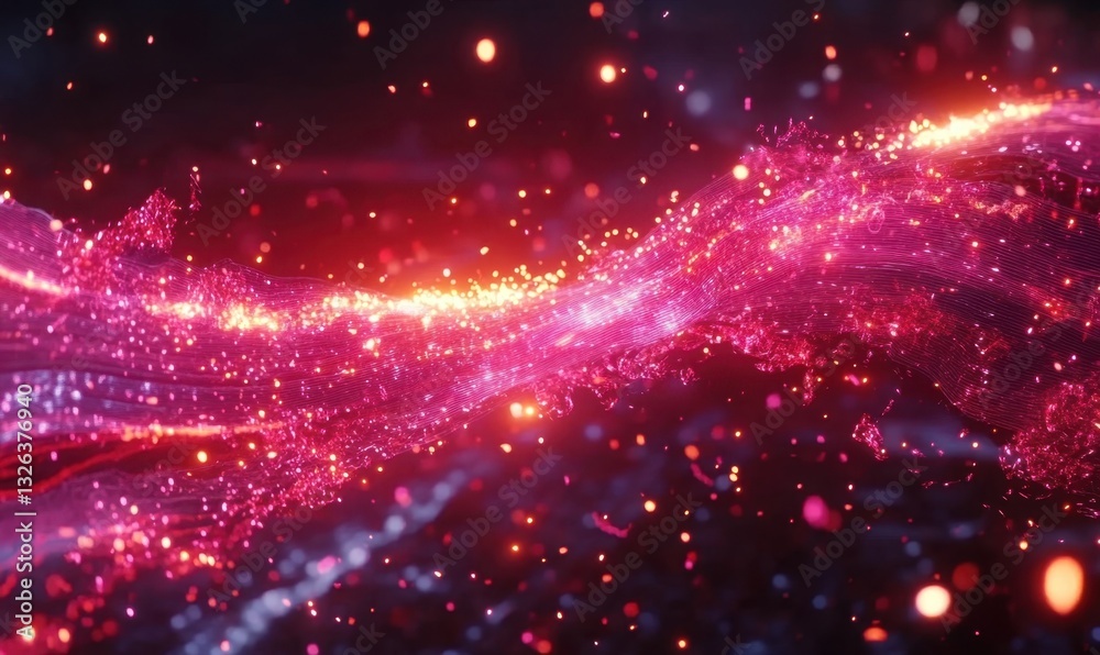 Fototapeta premium Pink particle wave flowing in dark space, ideal for digital art backdrop