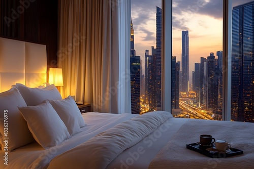 Luxurious bed with crisp white linens and plush pillows in a high-rise bedroom overlooking a breathtaking city skyline.