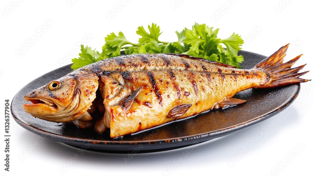 Grilled fish, isolated image on white background Grilled fish, isolated image on white background