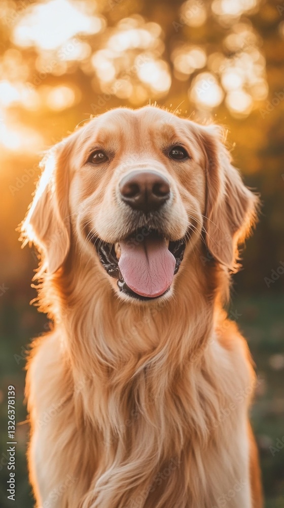 Golden retriever enjoys a warm sunset, radiating joy and warmth in a serene outdoor setting filled with golden light Golden retriever enjoys a warm sunset, radiating joy and warmth in a serene outdoor setting filled with golden light