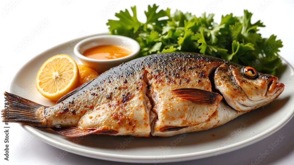 Grilled fish, isolated image on white background Grilled fish, isolated image on white background
