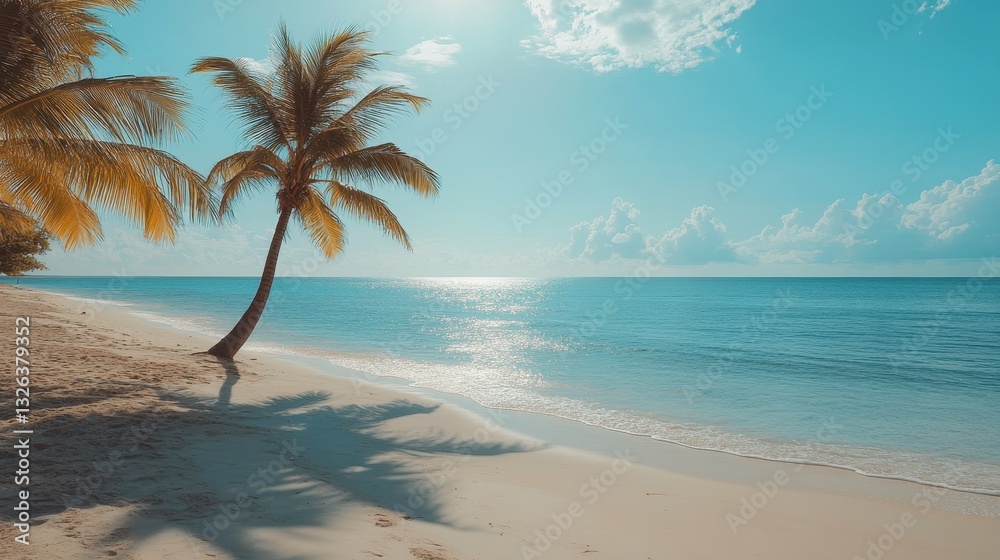 Obraz premium Tranquil beach scene with palm trees at sunrise and clear blue skies