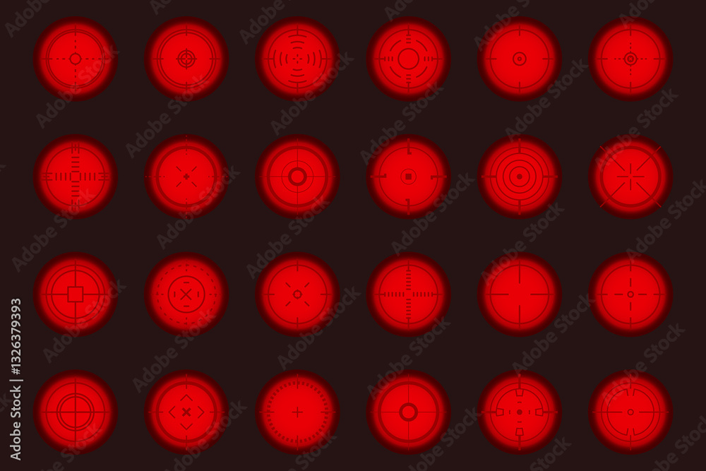 Weapon sight, sniper rifle optical scope. Hunting gun viewfinder with crosshair. Crosshair gun sight icons set. Bullseye, target or aim symbol. Shooting mark. Military target sign. Game UI. Weapon sight, sniper rifle optical scope. Hunting gun viewfinder with crosshair. Crosshair gun sight icons set. Bullseye, target or aim symbol. Shooting mark. Military target sign. Game UI.