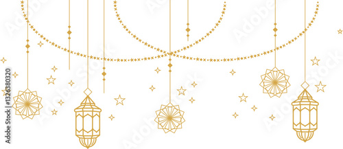 Islamic a festive banner. Arabian lantern and floral stars, moon on string. Decoration lamps, graphic invitation islam design. Ornate racy vector background