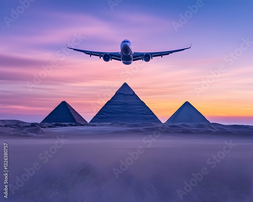 Airplane flying over pyramids at sunrise