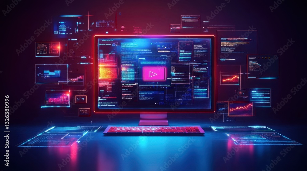 Futuristic digital interface with neon display and data visualizations Futuristic digital interface with neon display and data visualizations