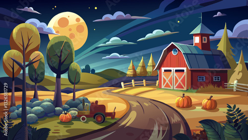 a view of a farm at night, with the harvest moon shining above, created with