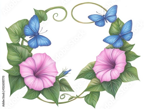 A watercolor illustration of pink bindweed in a frame with blue butterflies