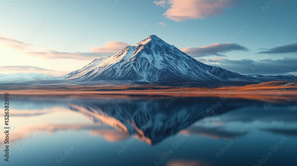 Naklejka premium Majestic snow-capped mountain reflecting in serene lake at sunrise