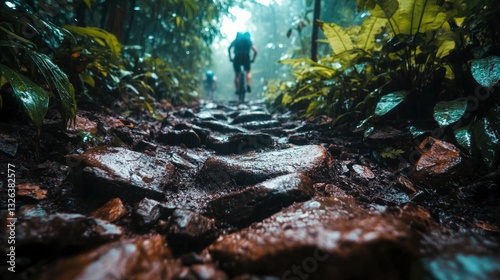 Fototapeta Naklejka Na Ścianę i Meble -  Mountain biking trail with rocks in a wet jungle terrain