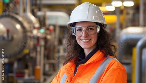 Wallpaper Mural Confident female worker wearing white hard hat and safety glasses with reflective safety vest standing in an industrial environment with blurred machinery Torontodigital.ca