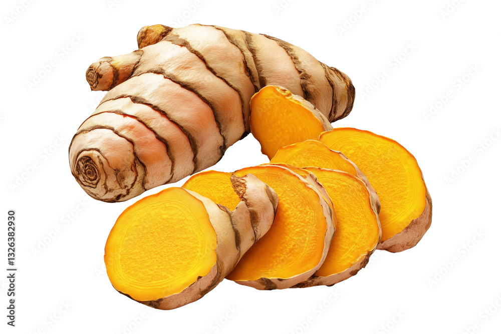 Turmeric root with sliced pieces and green leaves isolated on white transparent background. Concept of freshness and health benefits Turmeric root with sliced pieces and green leaves isolated on white transparent background. Concept of freshness and health benefits