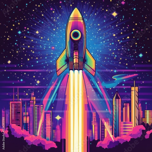 A colorful rocket launches into the starry night sky over the city