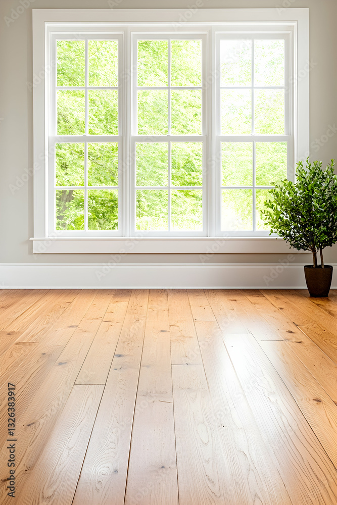 Bright, spacious room with large windows and hardwood floors