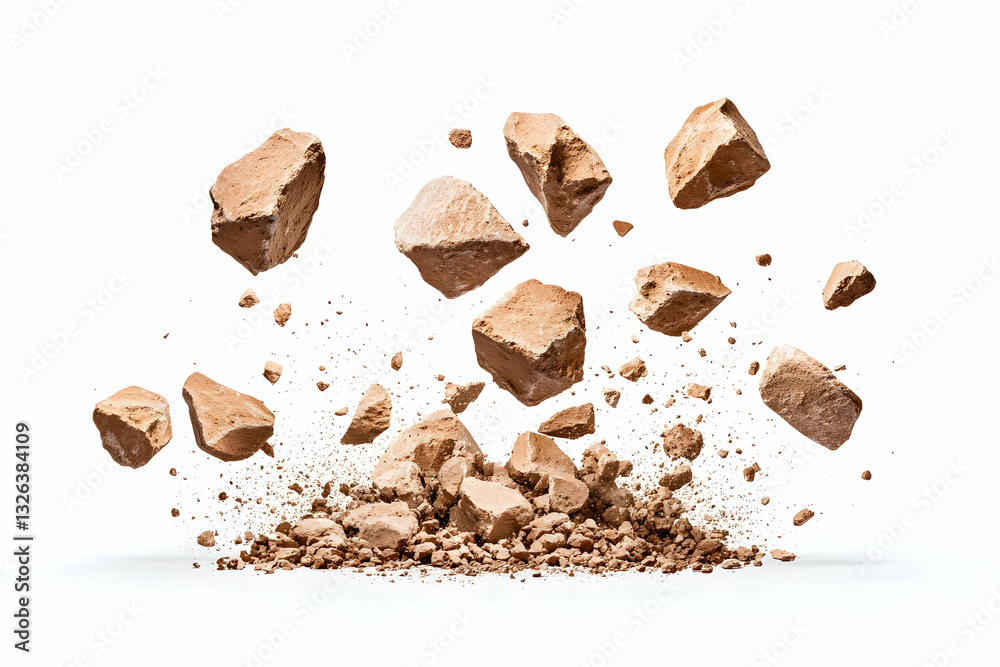 Broken terracotta fragments explode in a cloud of dust Broken terracotta fragments explode in a cloud of dust