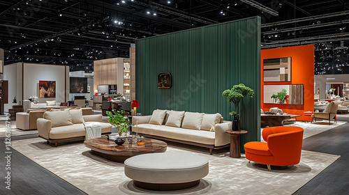 Modern living room display showcasing various furniture pieces in a sophisticated exhibition hall.  A blend of neutral tones and pops of color create a stylish, inviting atmosphere.  Dark wood