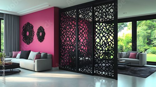 Modern living room divider with intricate design.  Stylish interior featuring a black, decorative room divider with a patterned design.  Pink accent wall and comfortable furniture.  Natural