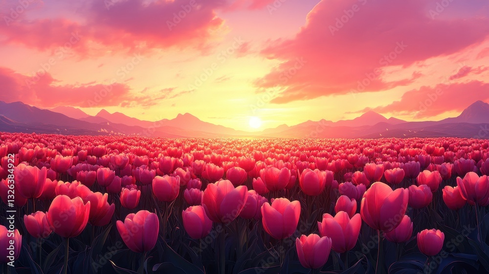 Fototapeta premium Majestic tulip field at sunset with vibrant pink and orange sky
