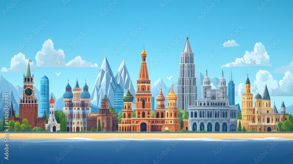 Naklejka premium Colorful skyline of world landmarks against a clear blue sky