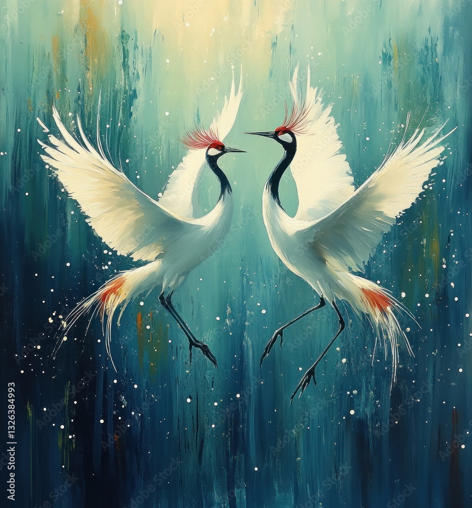 Fototapeta premium Dance of Two Red-Crowned Cranes in Watercolor Art Under a Blue Sky with Elegant Brushstrokes