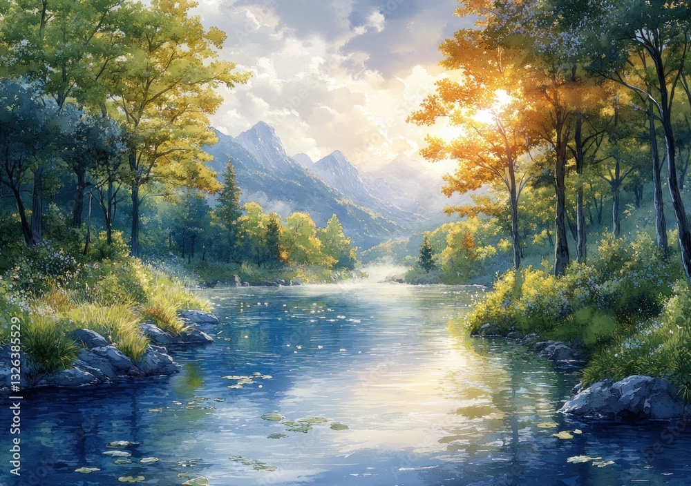 Obraz premium Clear Stream Through Verdant Mountains and Tranquil Countryside