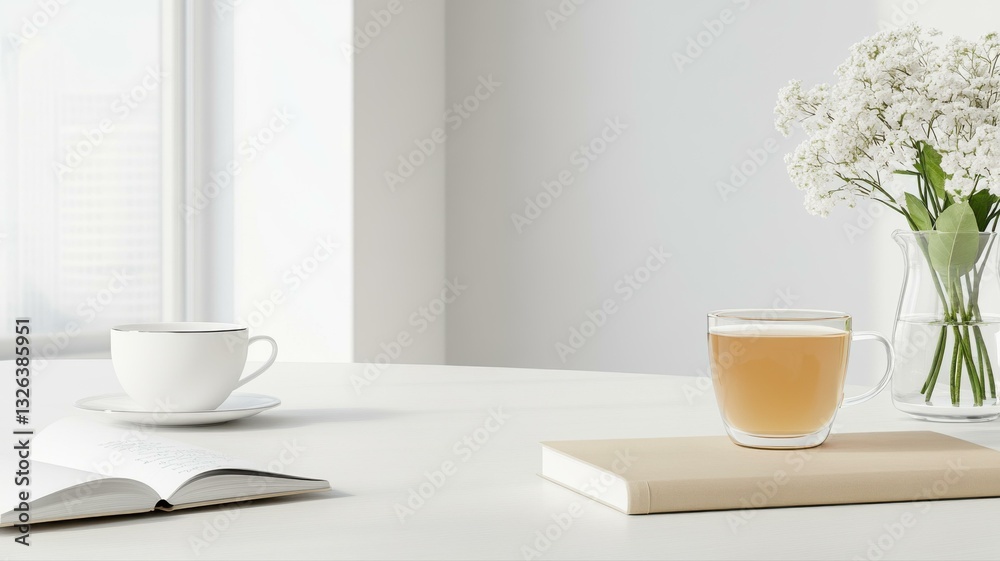 Obraz premium Minimalist white desk with a cup of tea, open book, and flowers in a bright, peaceful setting.