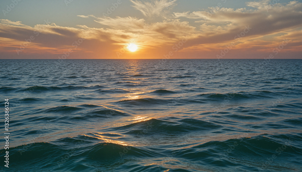 Obraz premium Endless rolling waves at sunrise, warm golden hues reflecting on tranquil ocean