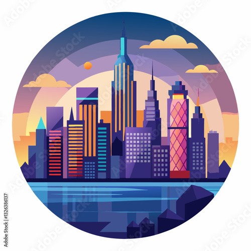 Nighttime city skyline in the sky