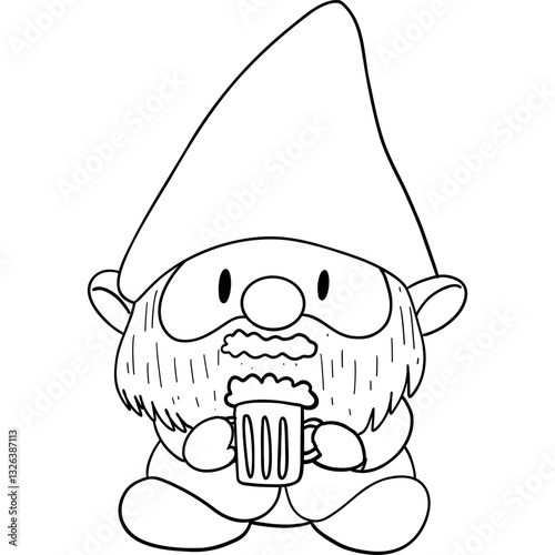 St patricks day Gnome theme, Cheerful gnome with a beard holding a beer mug, designed for coloring. Outline for coloring.