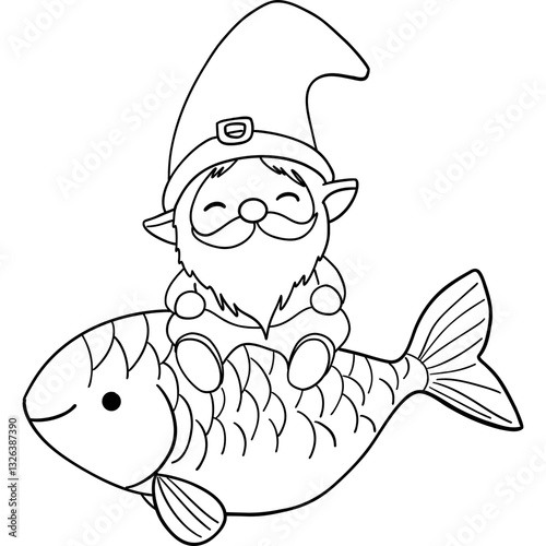 St patricks day Gnome theme, A cheerful gnome rides a large fish, combining whimsy and fantasy in a fun illustration. Outline for coloring.